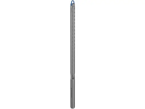 Grundfos Brunnenpumpe mit einem langen, schlanken Gehäuse. Die Pumpe hat eine blaue Kappe oben und ist für den Einsatz in tiefen Wasserversorgungsanwendungen konzipiert.